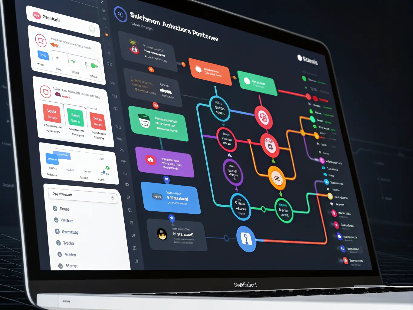 A visual representation of Make.com or Zapier interface, showcasing a complex automation workflow being built and managed.